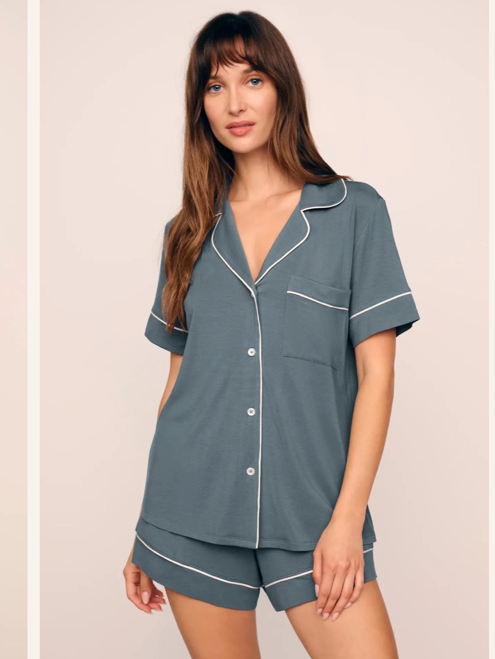 Eberjey Gisele Tencel Modal Teal White Piping Pajama Shorts Set, Medium